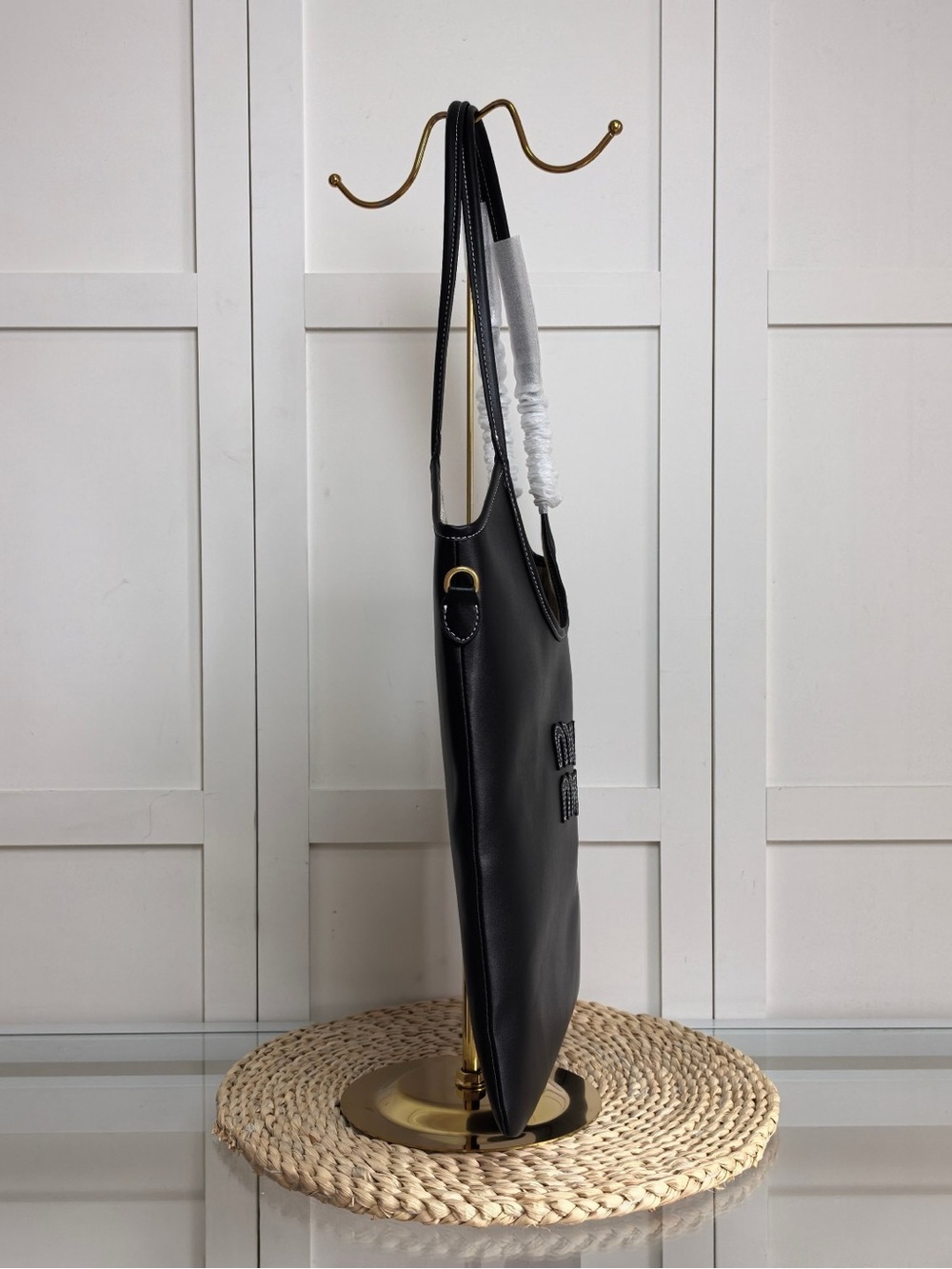 Miu Miu Black Leather Shoulder Tote with Logo Stitching - Picture 6 of 9
